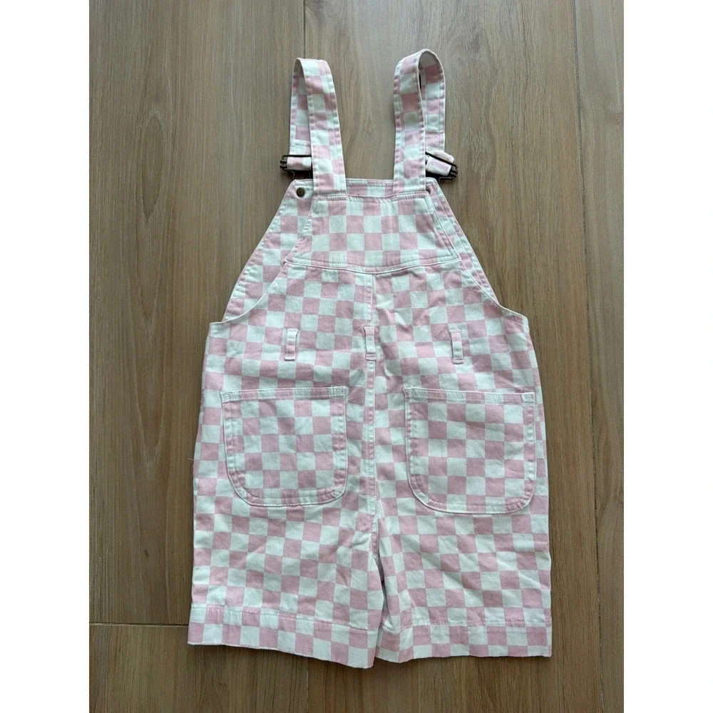 Dotty Dungarees Kids Pink White Checkered Overalls Shortalls Size 5-6 Years‎